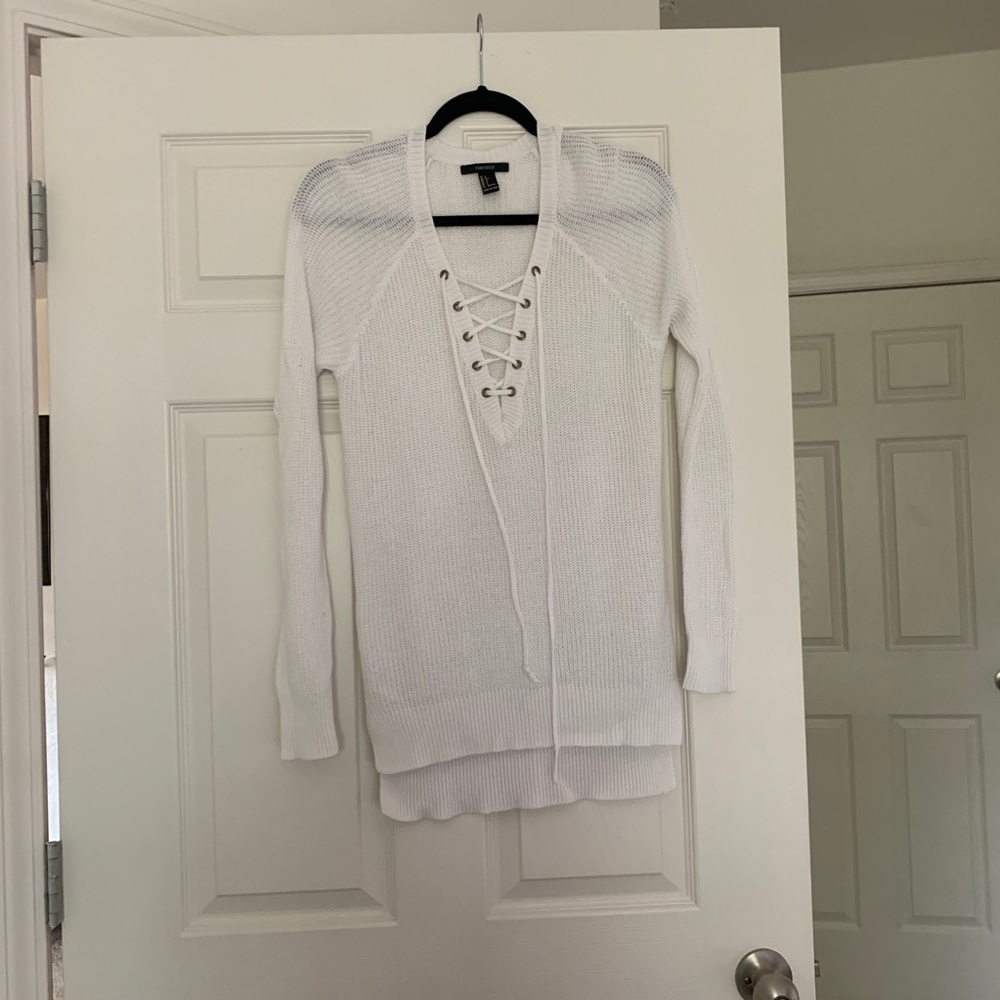 White Lace-Up Cable Knit Sweater